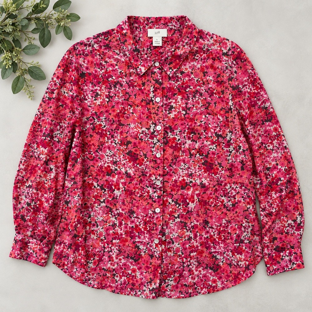 J. Jill Button Down Shirt Sz L Petite Pink Red Floral Cotton Long Sleeve Blouse